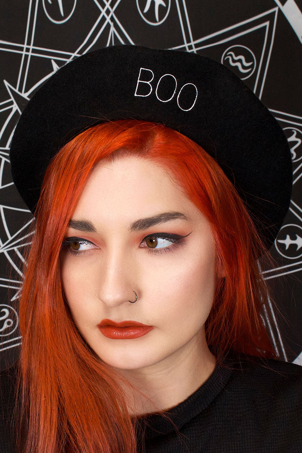 beret embroidered with the word Boo