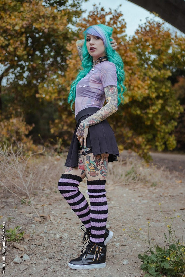 Funeral Flowers Striped Leg Warmers [BLACK/LILAC] - socks & stockings - VampireFreaks - VampireFreaks