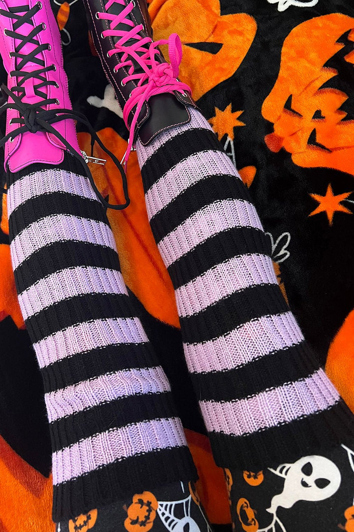 Funeral Flowers Striped Leg Warmers [BLACK/LILAC] - socks & stockings - VampireFreaks - VampireFreaks