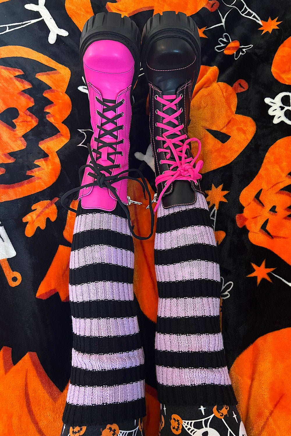 Funeral Flowers Striped Leg Warmers [BLACK/LILAC] - socks & stockings - VampireFreaks - VampireFreaks