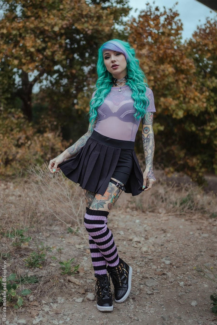 Funeral Flowers Striped Leg Warmers [BLACK/LILAC] - socks & stockings - VampireFreaks - VampireFreaks