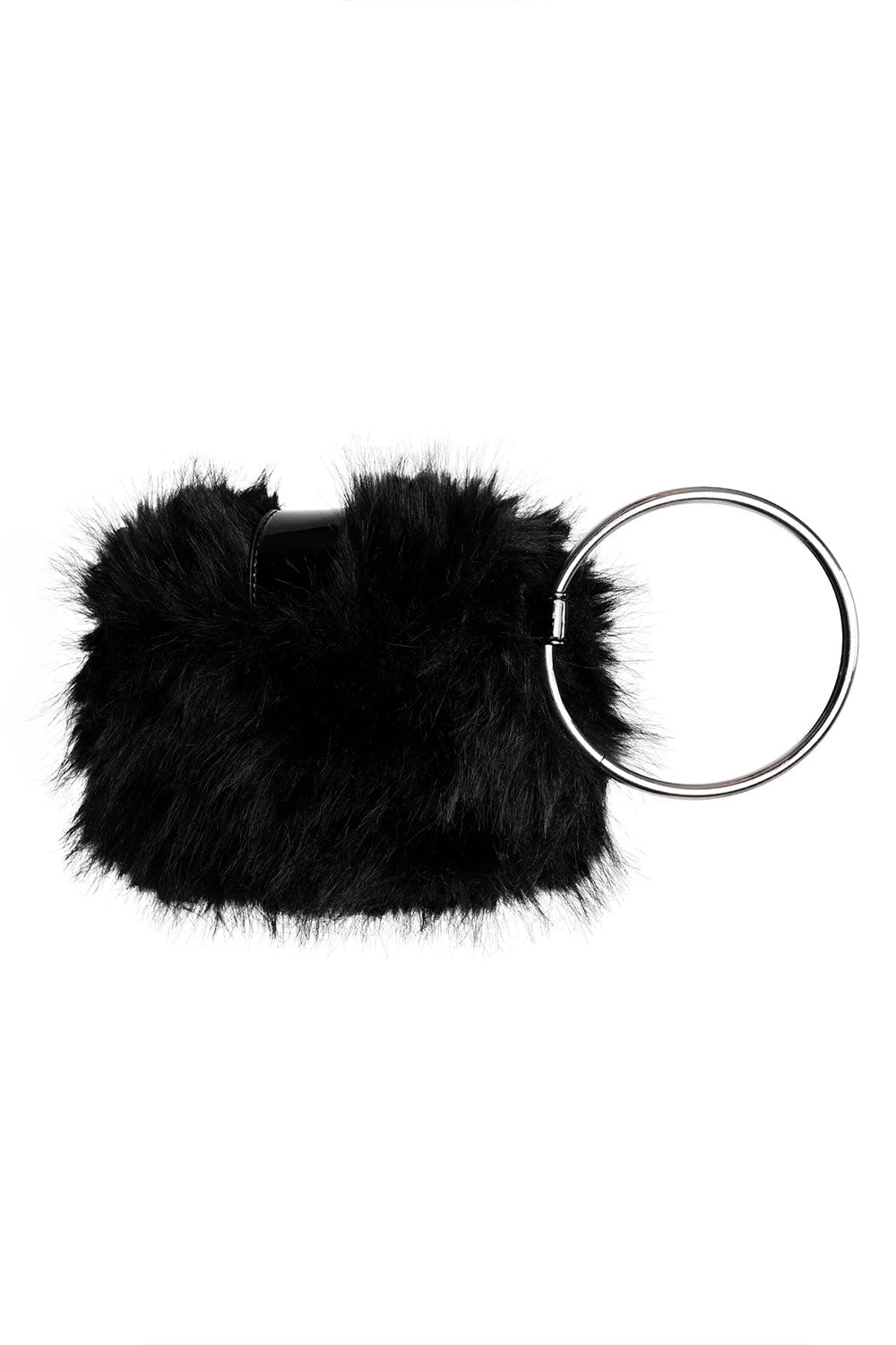 FOXBLOOD black vegan wristlet bag with plush faux fur texture and bold industrial inspired hardware