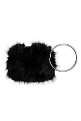 FOXBLOOD black vegan wristlet bag with plush faux fur texture and bold industrial inspired hardware