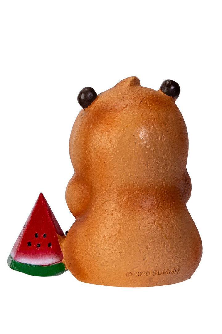 creepy cute animal Skeleton capybara figurine holding a watermelon on a white background