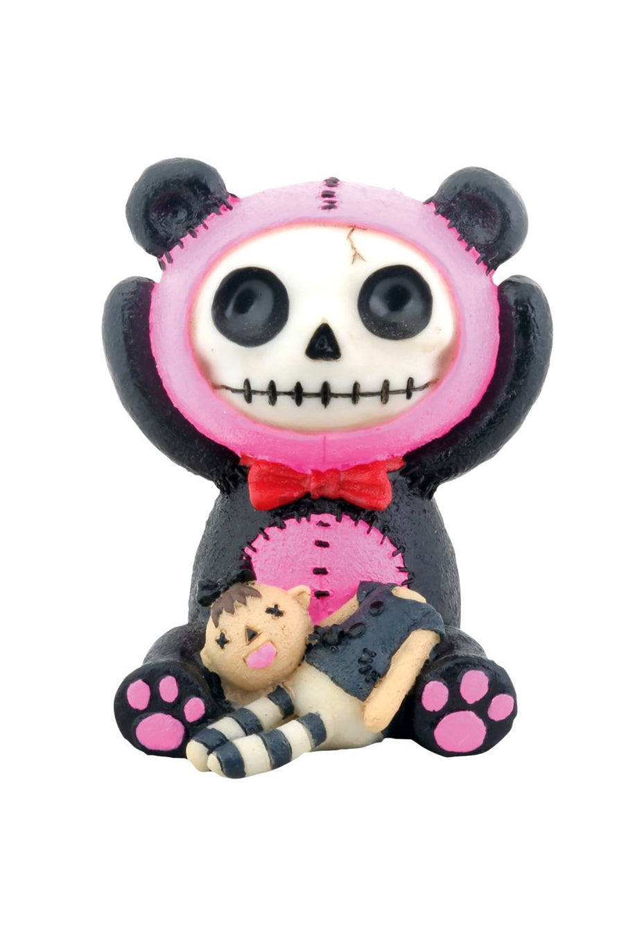 Skull-themed bear figurine with pink headband and black and white striped outfit on a white background