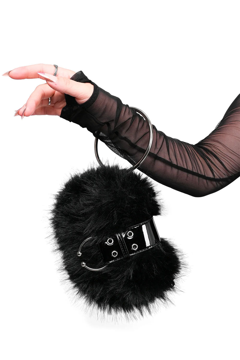 Black gothic wristlet purse with soft faux fur texture and shiny patent strap for dark grunge style