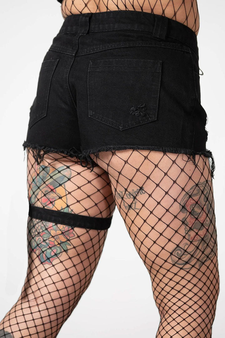 Fury Road Denim Garter Shorts - womens bottoms - VampireFreaks - Killstar