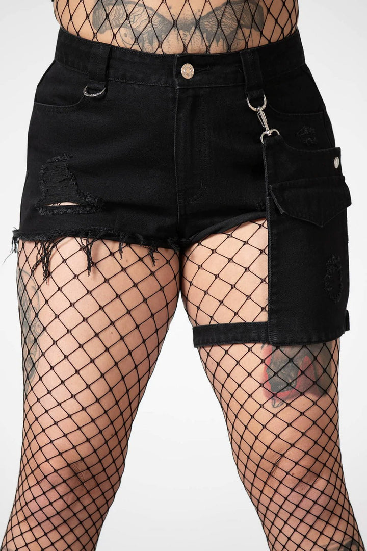 Fury Road Denim Garter Shorts - womens bottoms - VampireFreaks - Killstar