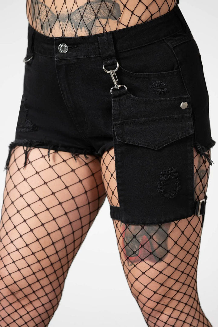 Fury Road Denim Garter Shorts - womens bottoms - VampireFreaks - Killstar