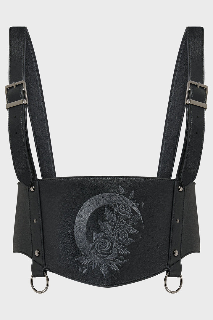 adjustable embroidered crescent moon vegan leather suspenders harness