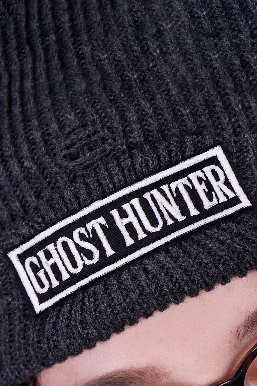 distressed grey beanie with ghost patch