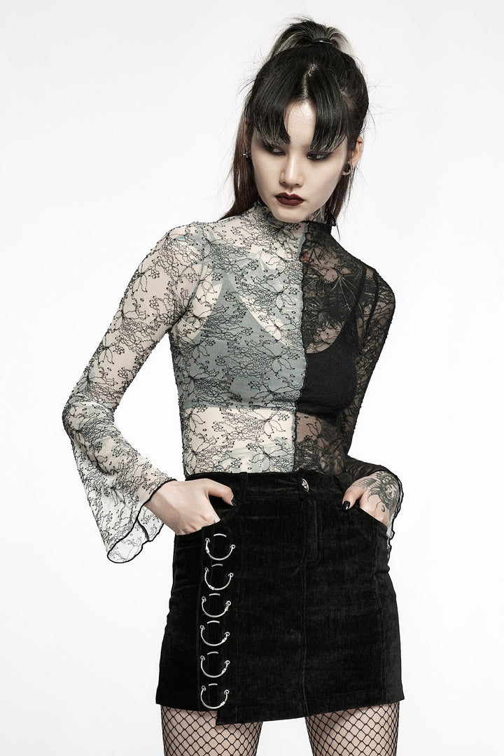 Ghost Bones Mismatched Mesh Top [BLACK/WHITE] - womens tops - VampireFreaks - Punk Rave