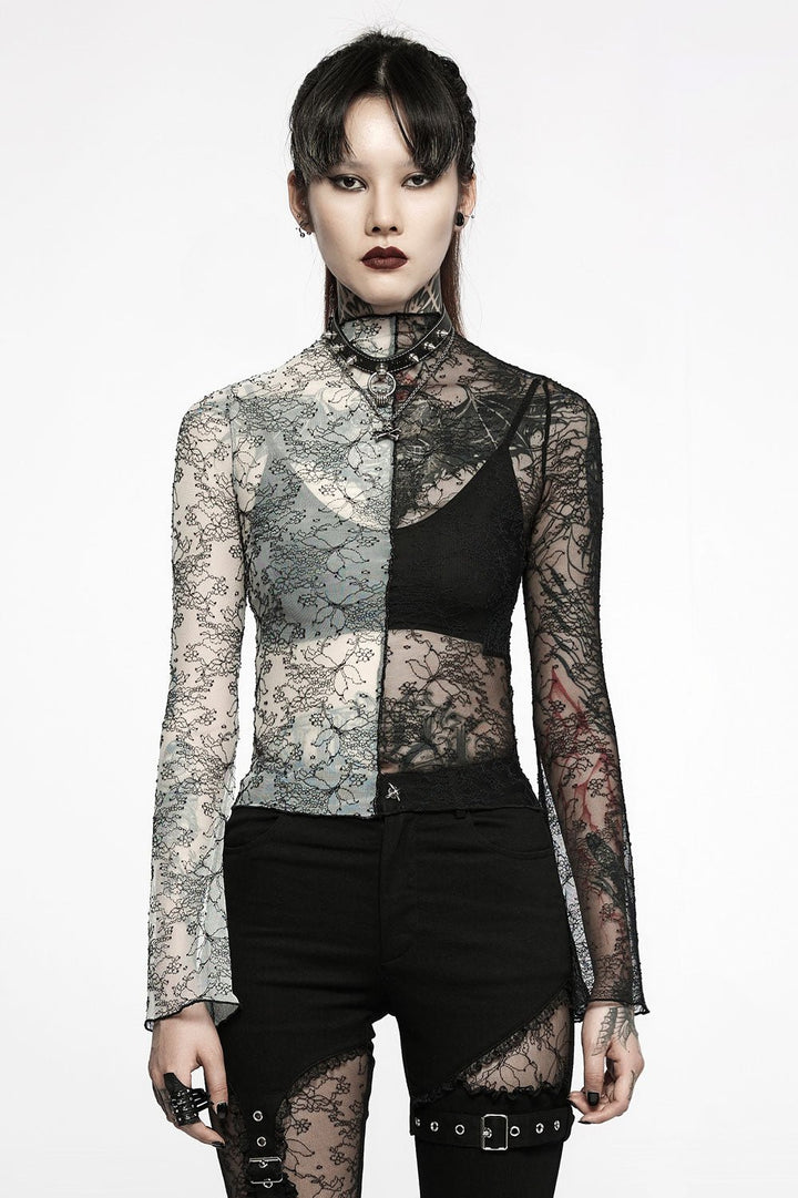 Ghost Bones Mismatched Mesh Top [BLACK/WHITE] - womens tops - VampireFreaks - Punk Rave