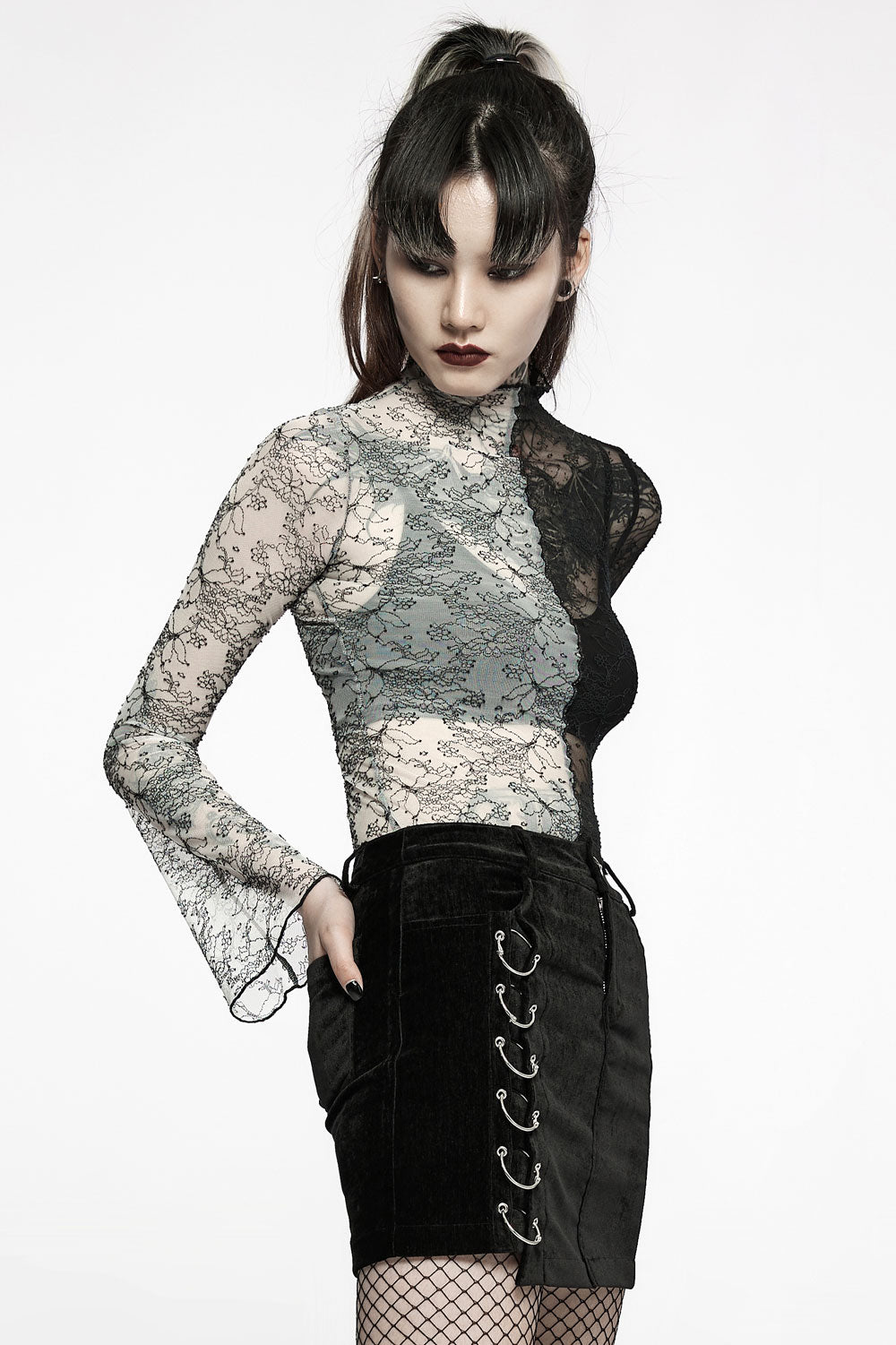 Ghost Bones Mismatched Mesh Top [BLACK/WHITE]