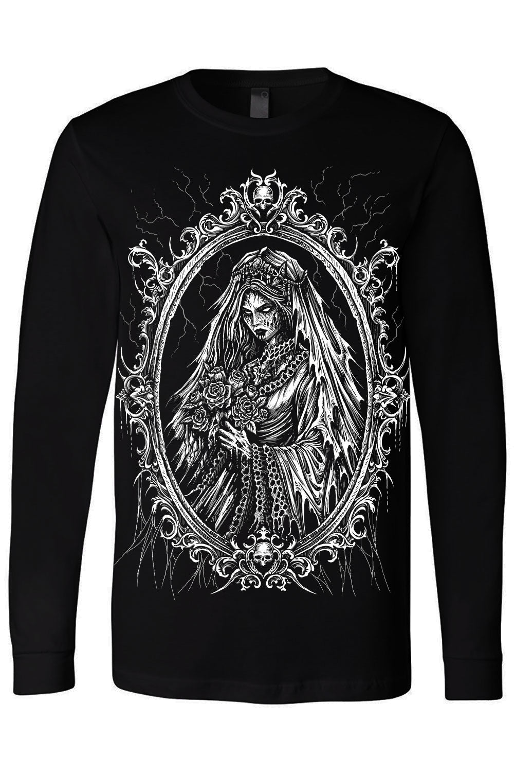 mens long sleeve gothic spooky haunted mansion ghost bride t-shirt