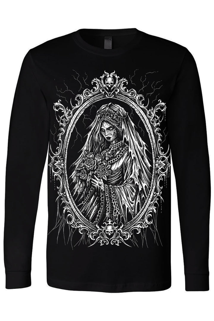 mens long sleeve gothic spooky haunted mansion ghost bride t-shirt