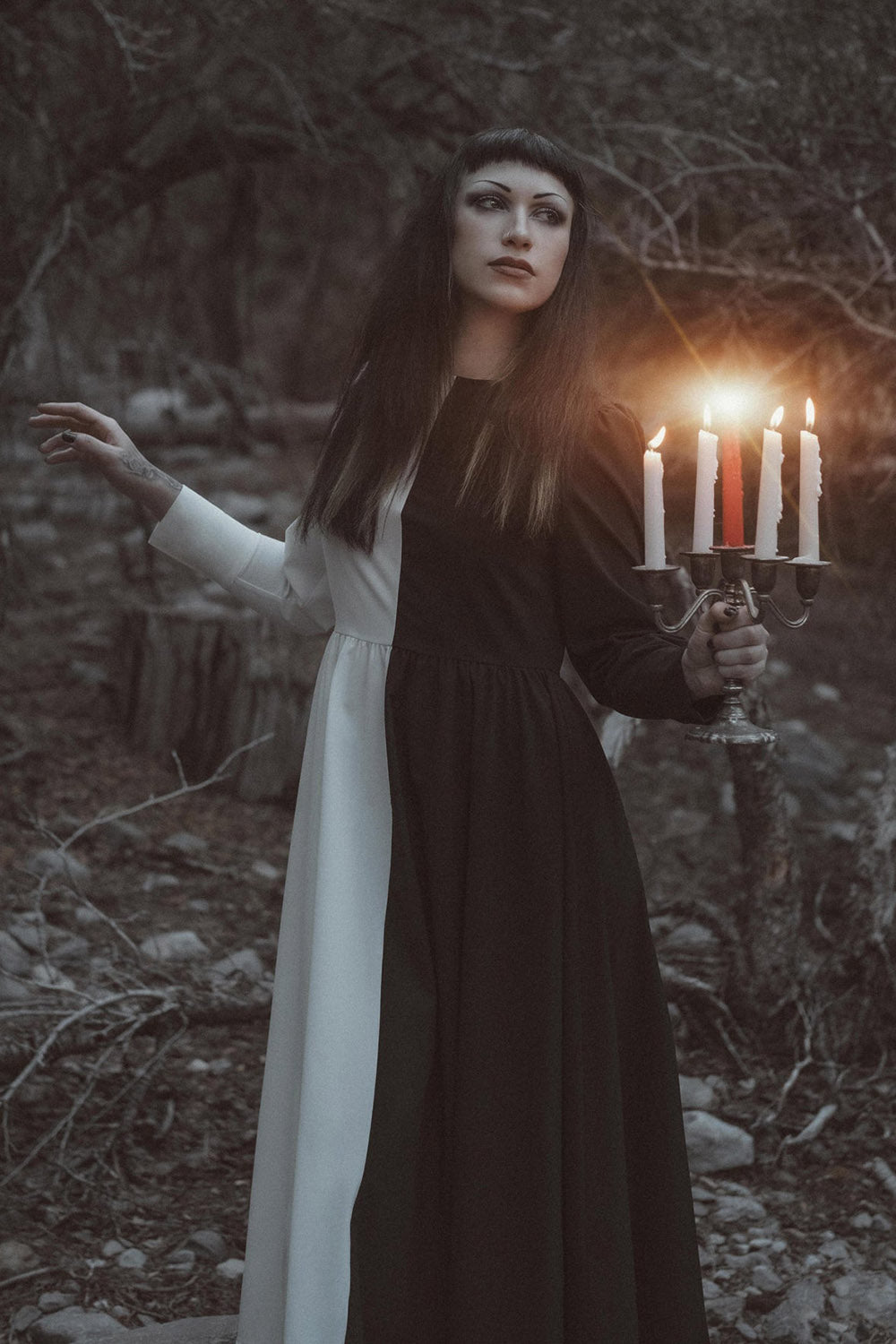 womens witchy haunting half black and white split dress