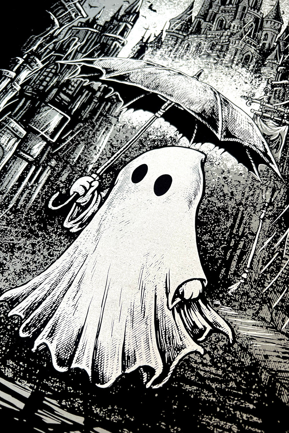 gothic graphic hoodie of a ghost holding an umbrella 