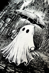 gothic graphic shirt of a ghost holding an umbrella 