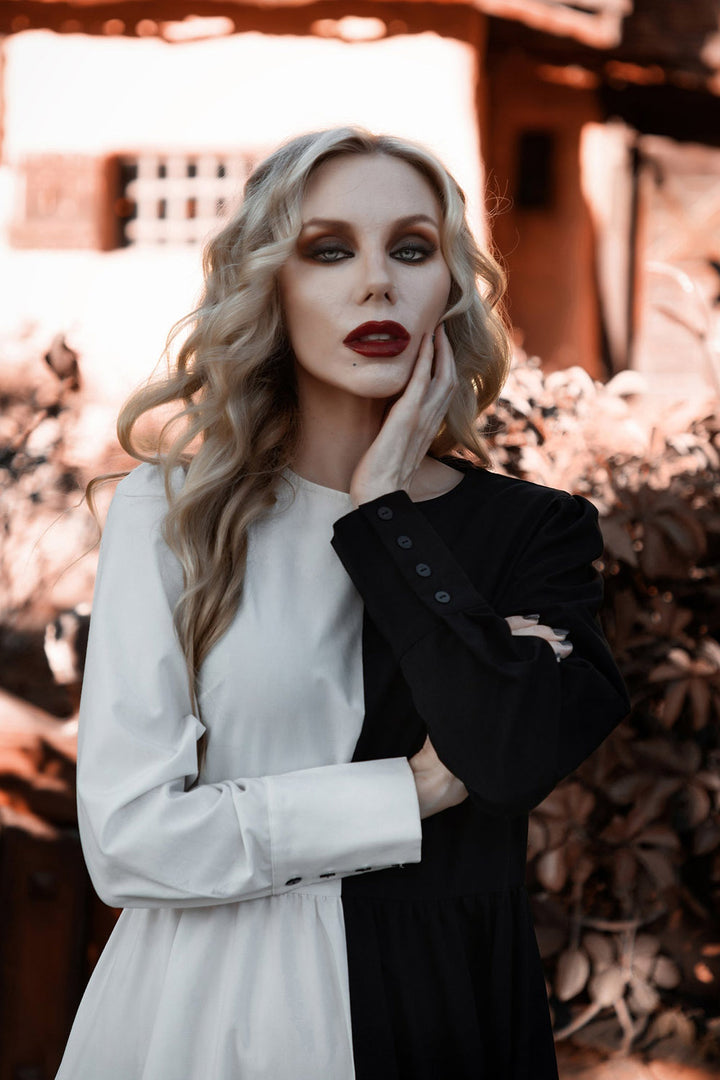 womens vintage inspired half black and white split dress