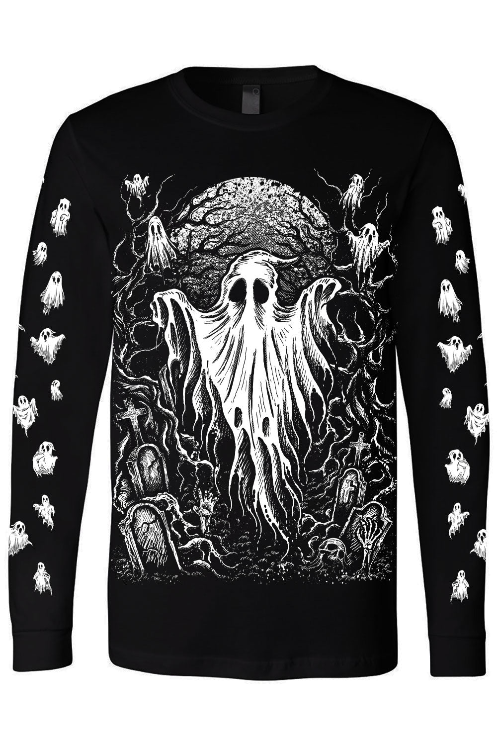 Black long-sleeve shirt with white ghost design on a white background