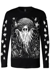 Black long-sleeve shirt with white ghost design on a white background