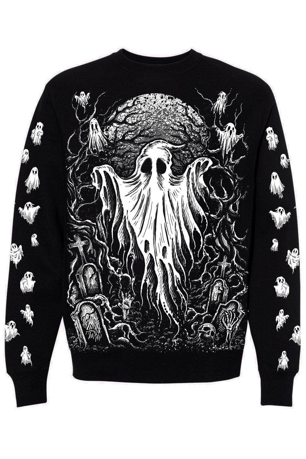 Black sweater with white ghost design on a white background