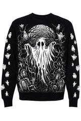 Black sweater with white ghost design on a white background