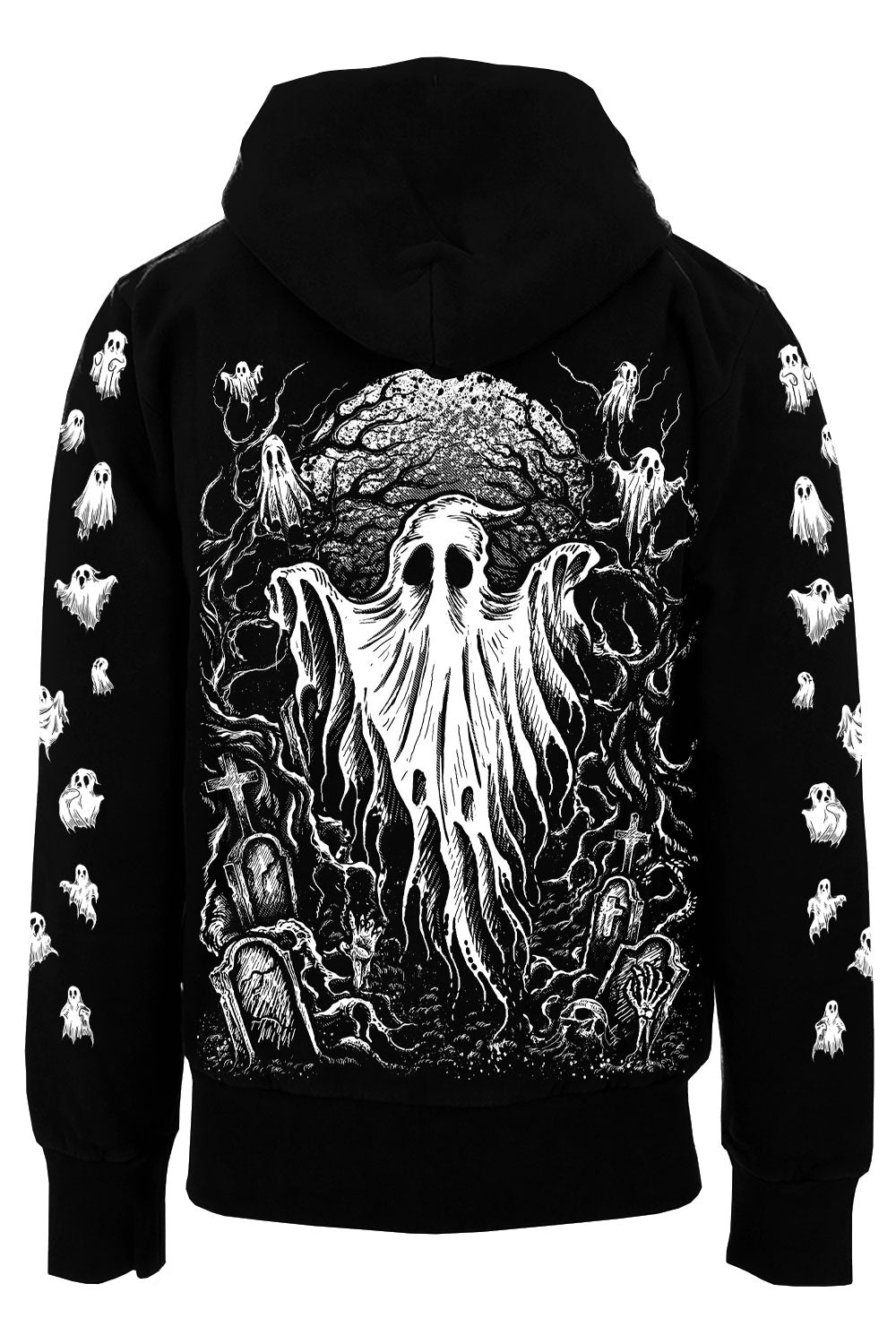 Black hoodie with white ghost design on a white background
