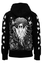 Black hoodie with white ghost design on a white background