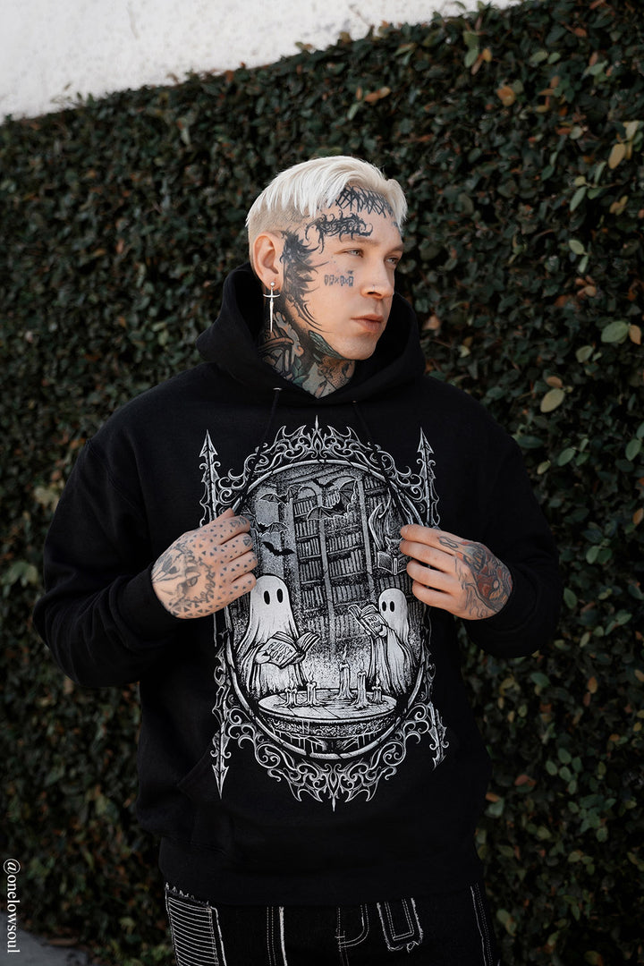 dark victorian goth cameo frame ghost reading a book graphic hoodie 