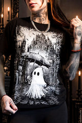 creepy cute graphic tshirt with ghost holding umbrella on a rainy day