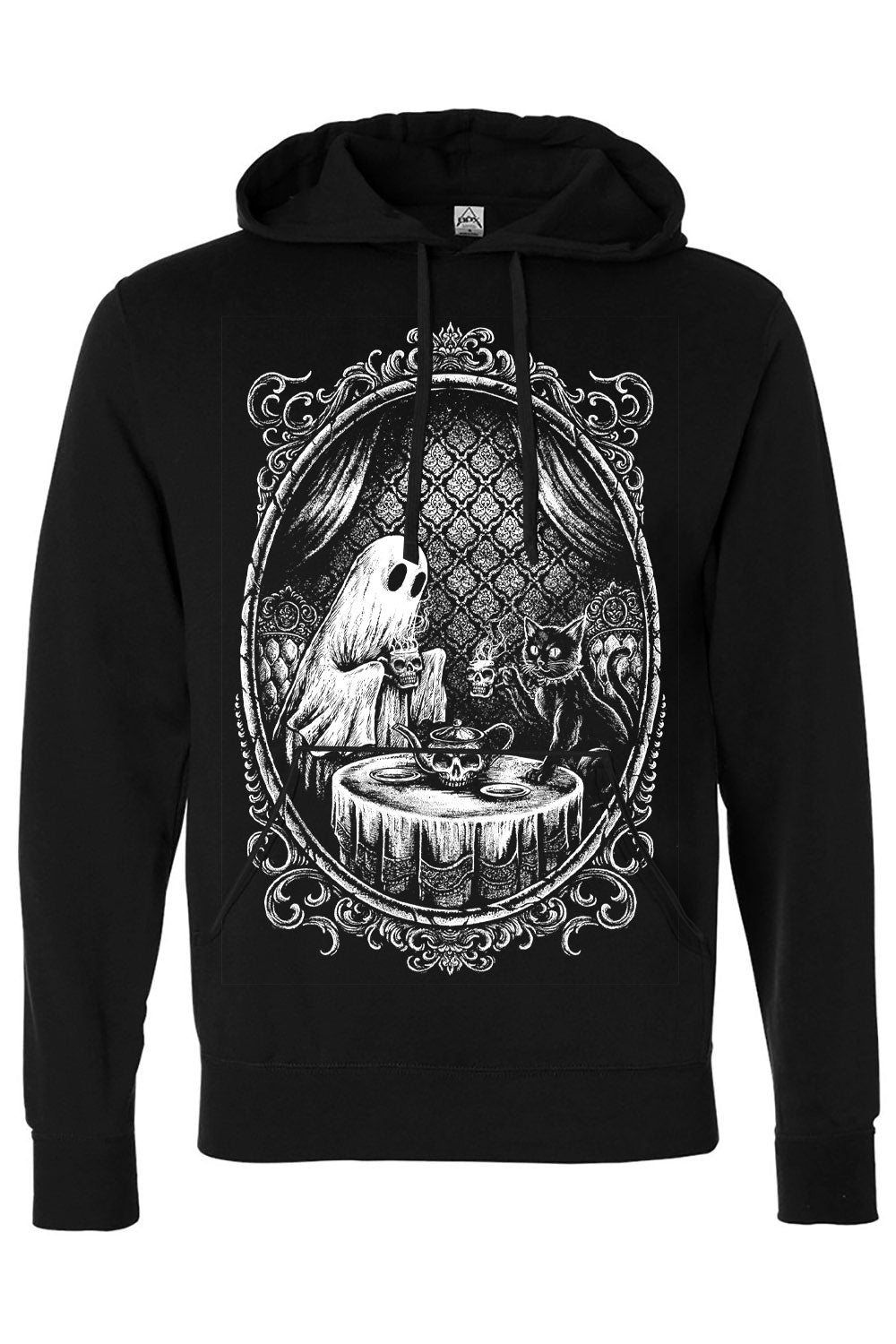 halloween ghost and black cat having tea hoodie