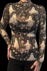 Womens mesh top with ghosts and flowers