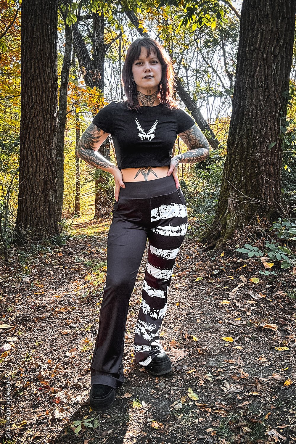 Ghost White Striped Split Flares [Black/White] - womens bottoms - VampireFreaks - VampireFreaks