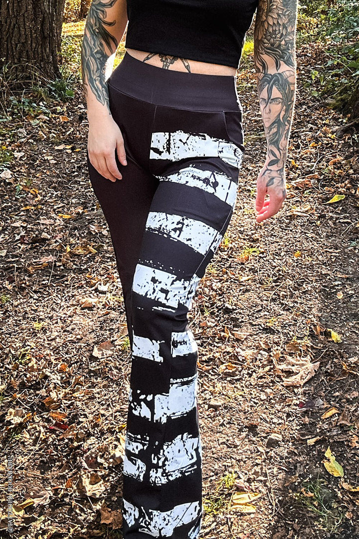 Ghost White Striped Split Flares [Black/White] - womens bottoms - VampireFreaks - VampireFreaks