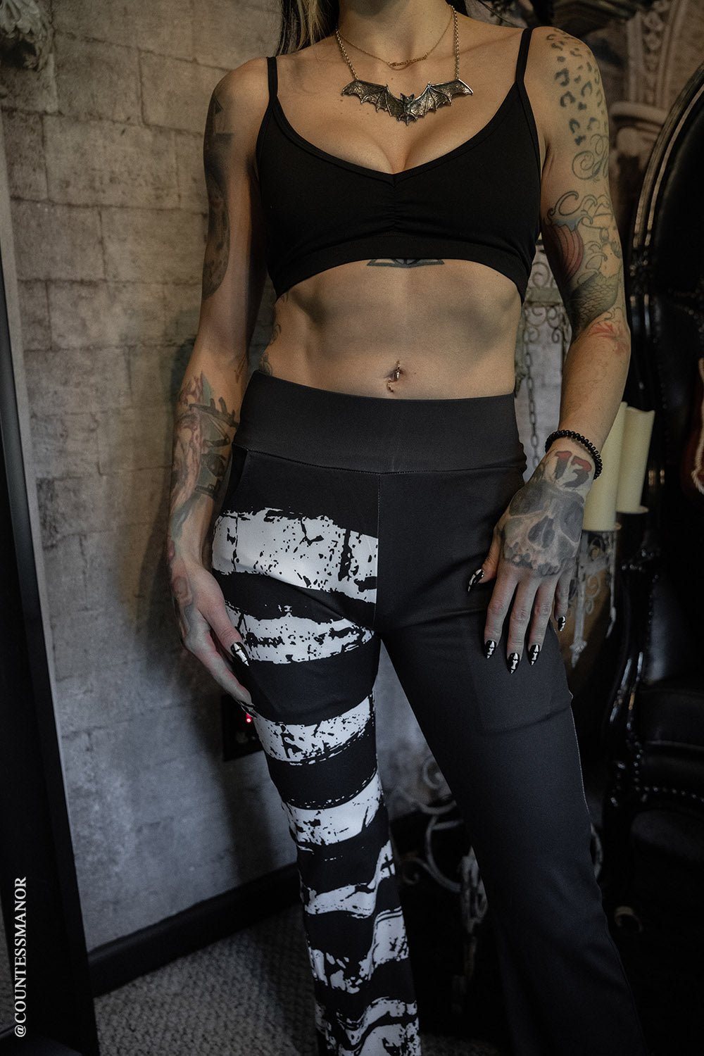 Ghost White Striped Split Flares [Black/White] - womens bottoms - VampireFreaks - VampireFreaks