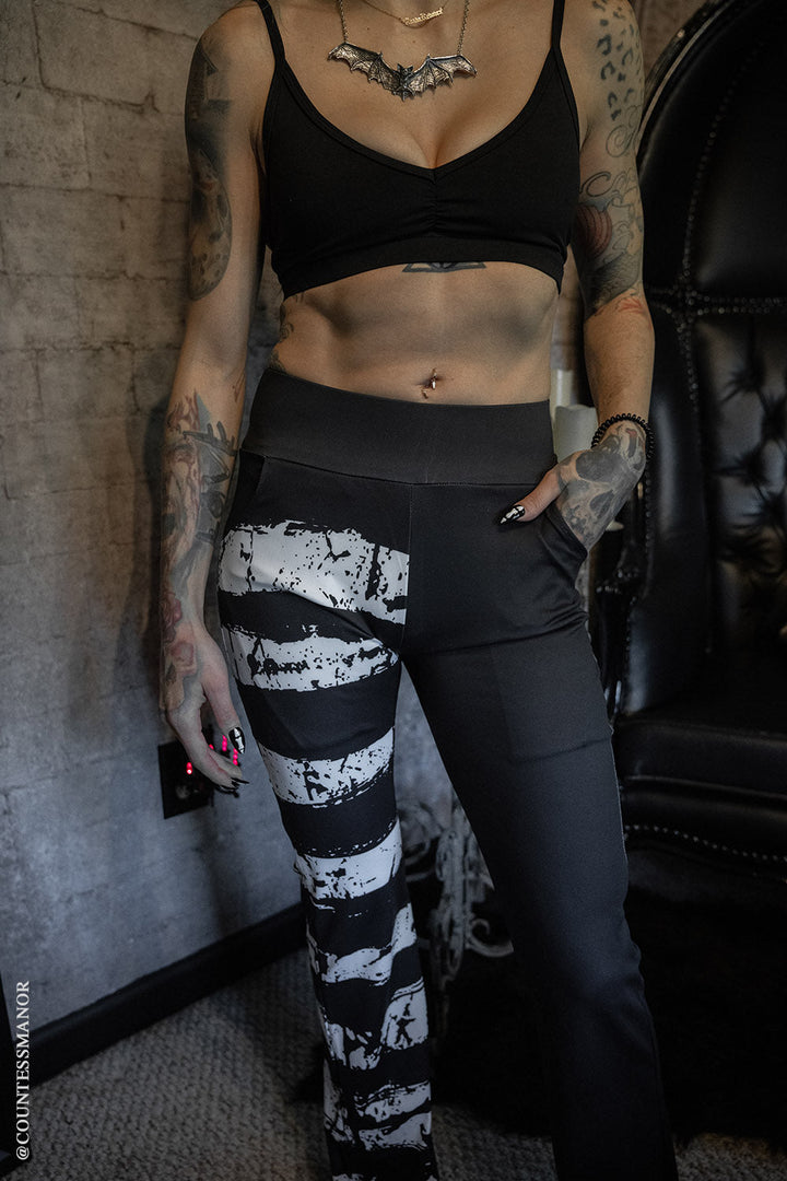 Ghost White Striped Split Flares [Black/White] - womens bottoms - VampireFreaks - VampireFreaks