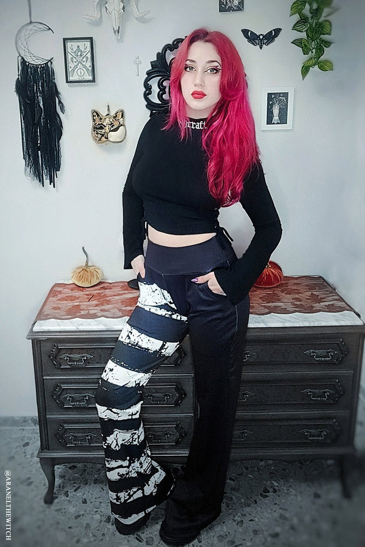 Ghost White Striped Split Flares [Black/White] - womens bottoms - VampireFreaks - VampireFreaks