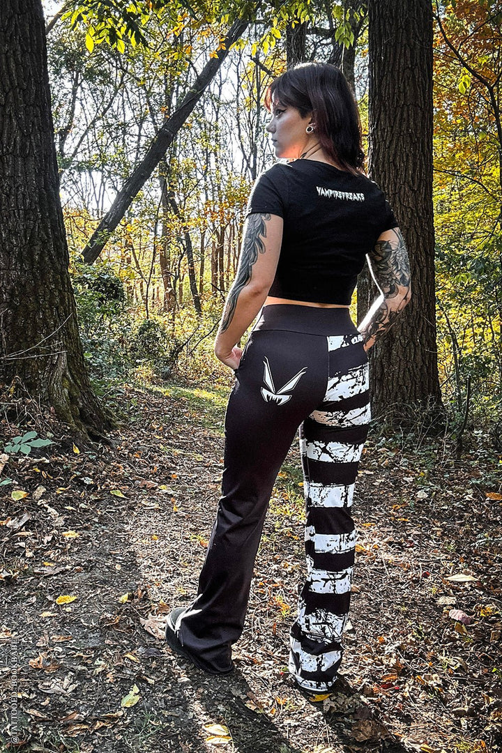 Ghost White Striped Split Flares [Black/White] - womens bottoms - VampireFreaks - VampireFreaks