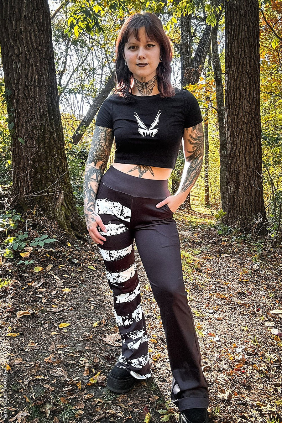 Ghost White Striped Split Flares [Black/White] - womens bottoms - VampireFreaks - VampireFreaks