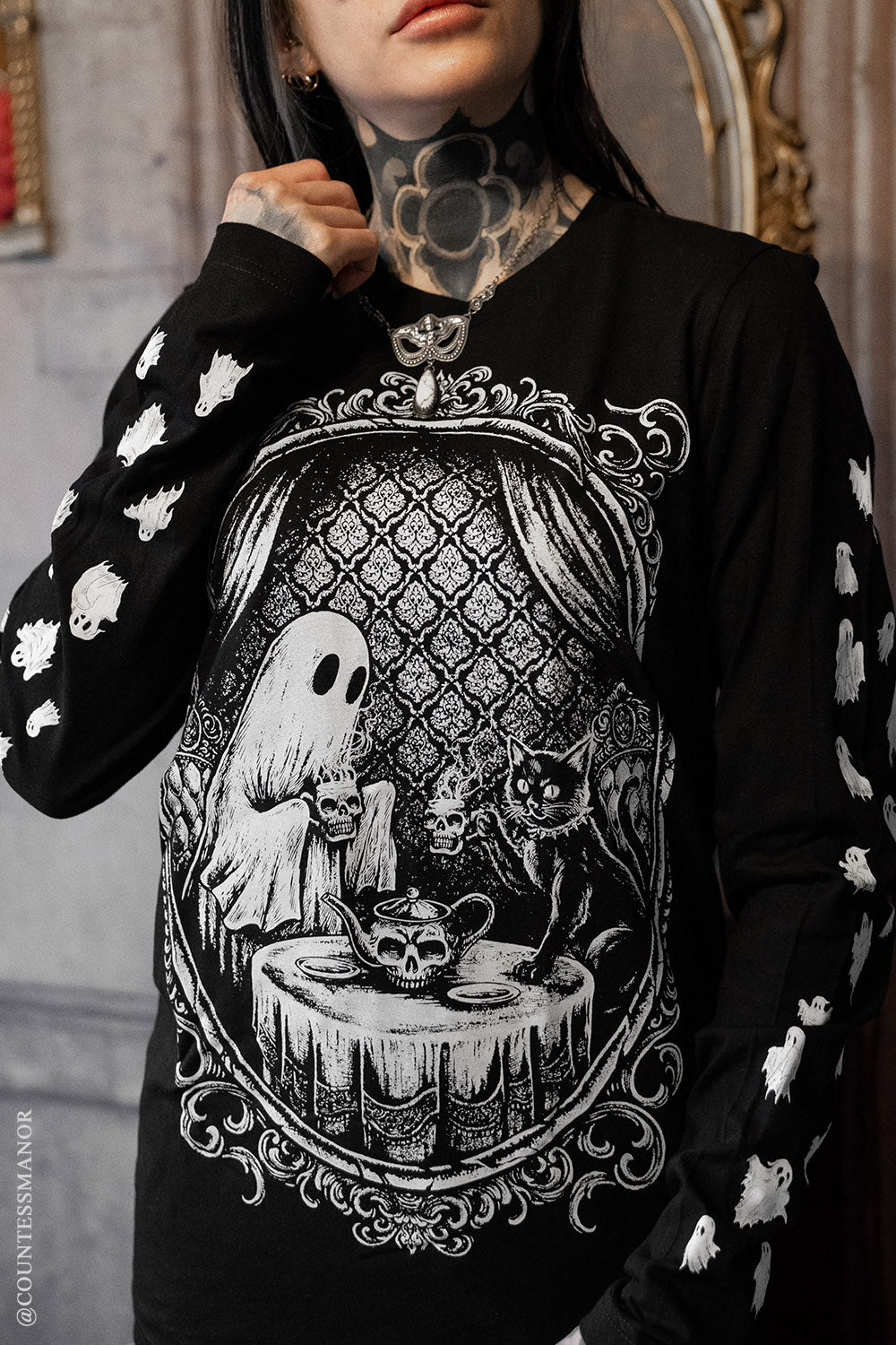 gothic tea lover shirt with ghost sleeves