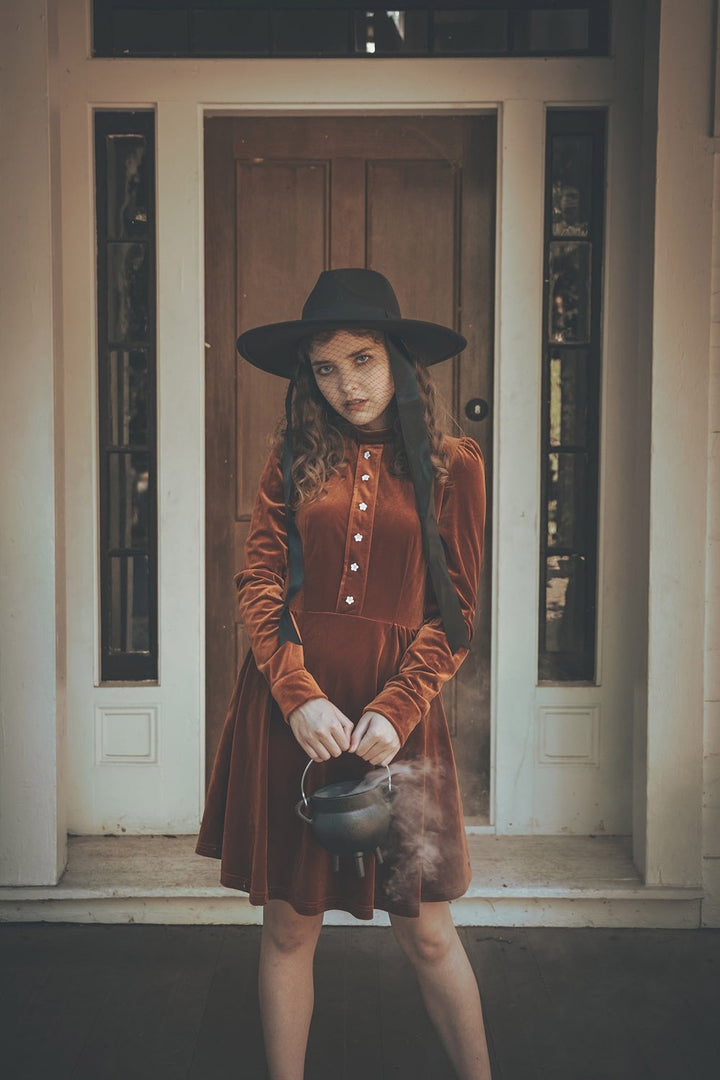 gothic pumpkin colored velvet dress