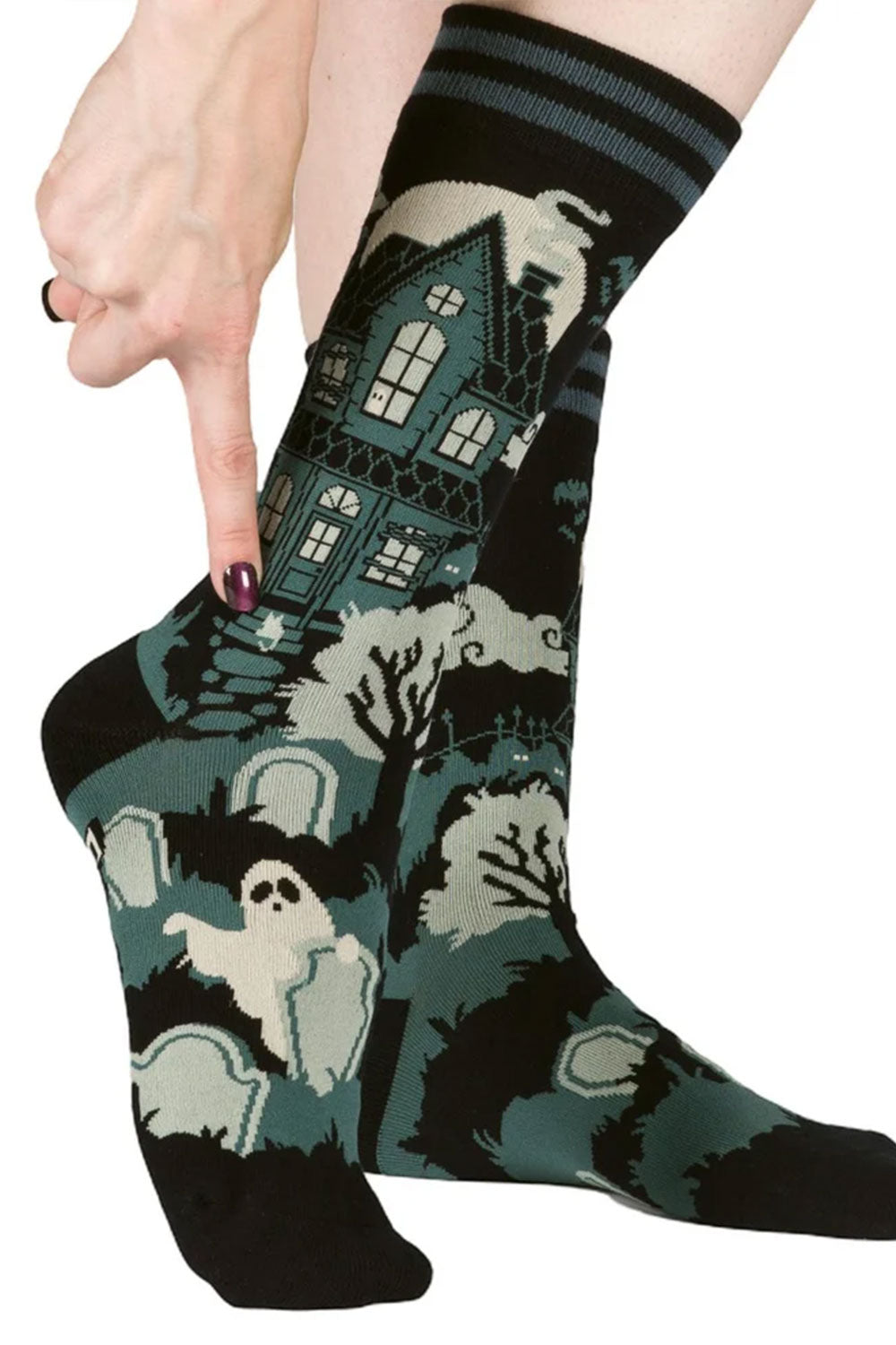haunted house graveyard tombstone black and green socks from Foot Clothes