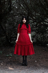 red ruffle mid length dress