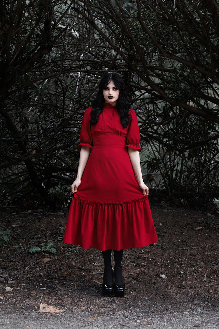 red ruffle mid length dress