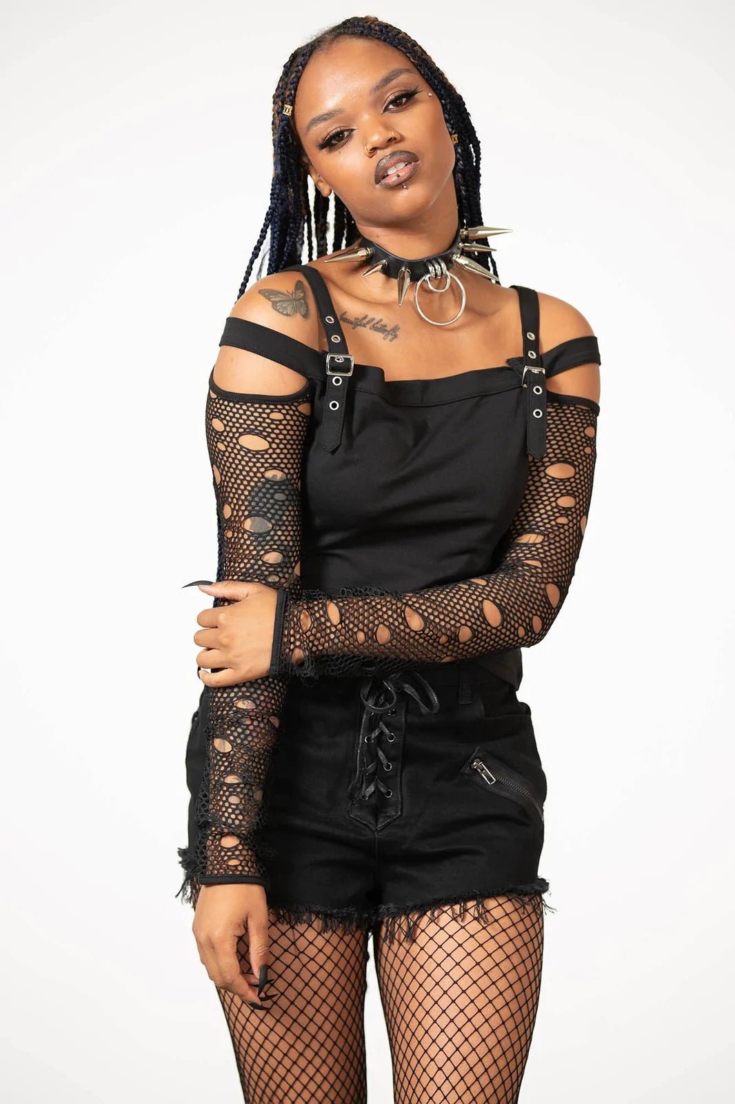 Glitched Fishnet Bardot Top - womens tops - VampireFreaks - Killstar