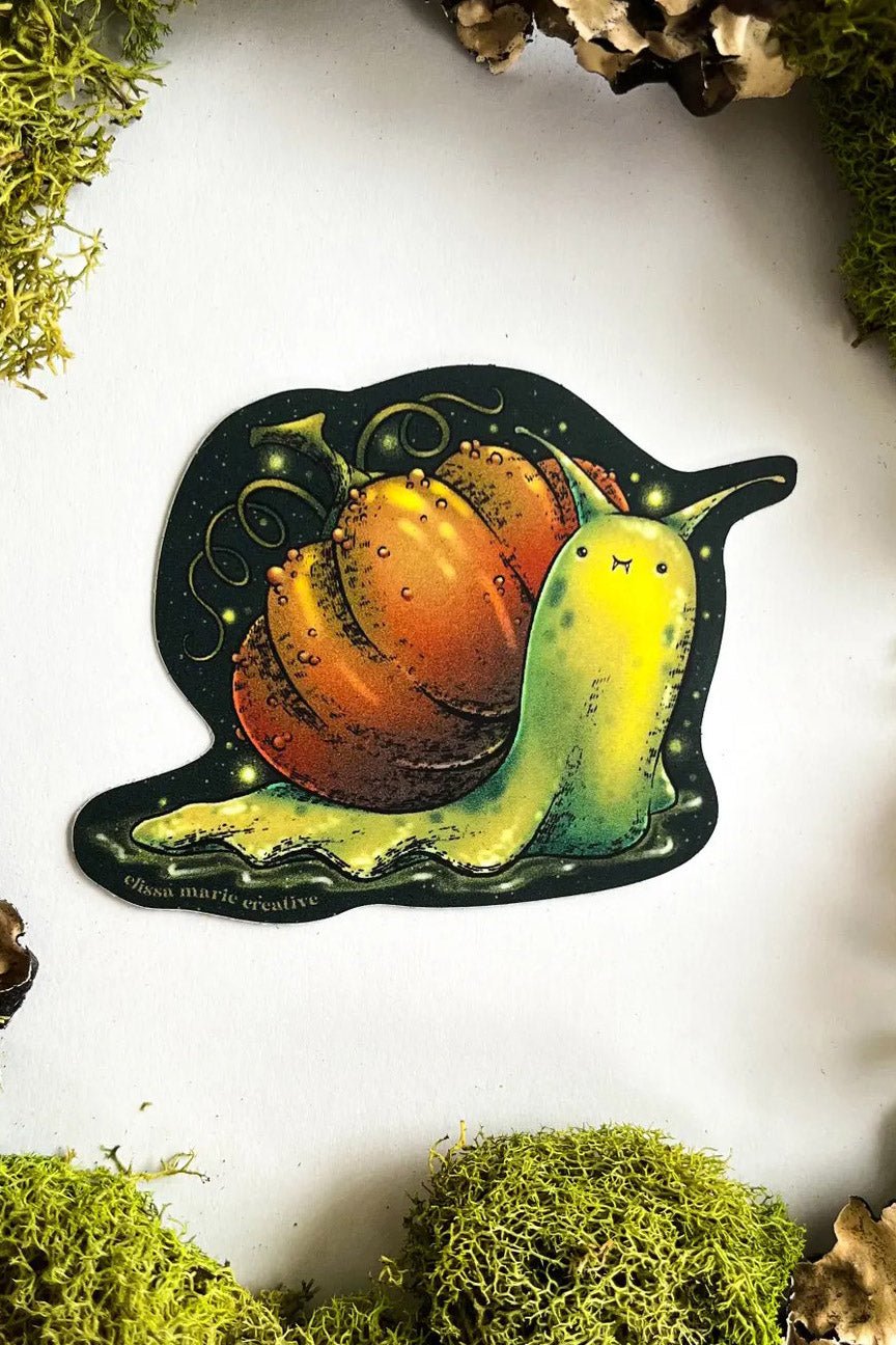 Goblincore Pumpkin Snail Sticker - stationery - VampireFreaks - Elissa Marie Creative