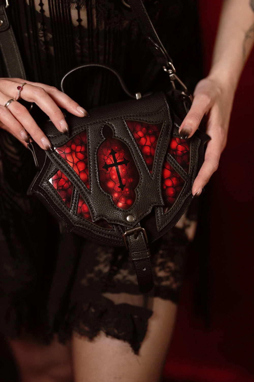 red and black gothic cathedral bag