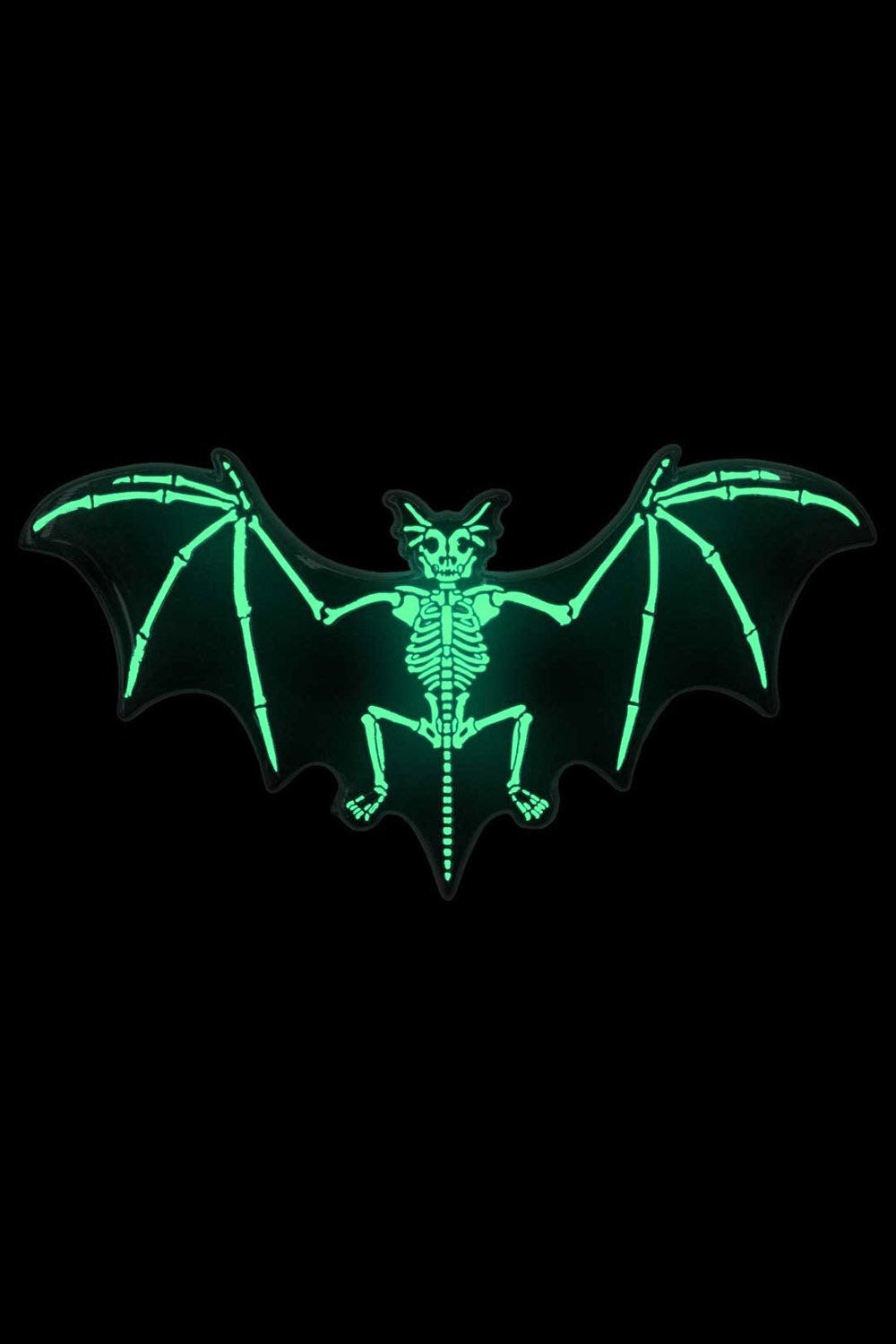 glow in the dark Black bat skeleton enamel pin on a white background